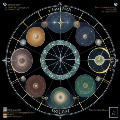 Representação de um mapa astral mostrando as casas e as posições planetárias.