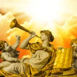 Estátuas douradas de anjos, um tocando trombeta e outro segurando livro aberto, representando os 72 anjos da cabala