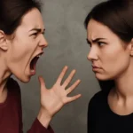 Duas mulheres jovens em confronto, uma gritando com expressão de raiva e a outra olhando séria e irritada, simbolizando conflito e o significado de sonhar com briga.