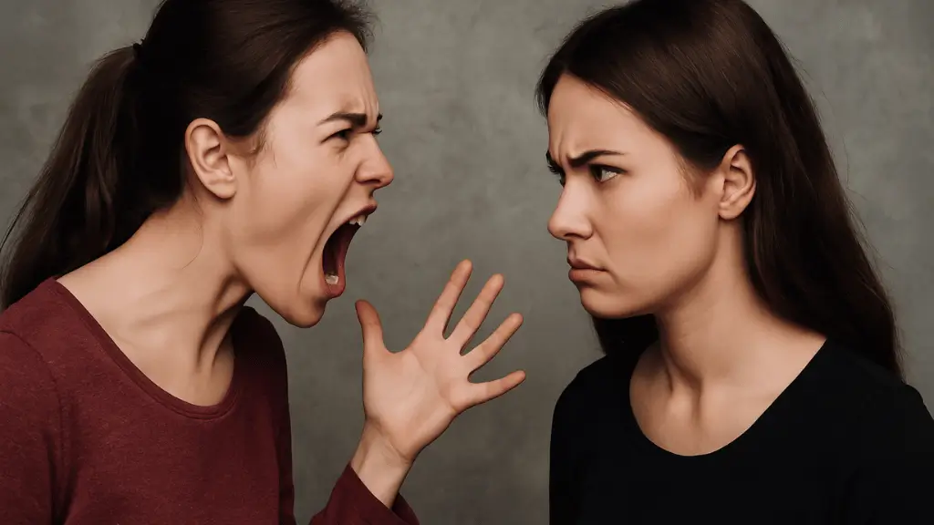 Duas mulheres jovens em confronto, uma gritando com expressão de raiva e a outra olhando séria e irritada, simbolizando conflito e o significado de sonhar com briga.