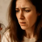 mulher olhando para a própria mão com fios de cabelo soltos, simbolizando fragilidade, perda e os significados de sonhar com cabelo caindo.