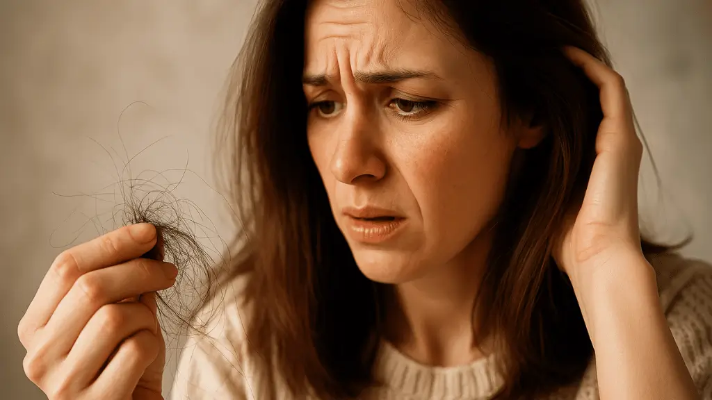 mulher olhando para a própria mão com fios de cabelo soltos, simbolizando fragilidade, perda e os significados de sonhar com cabelo caindo.