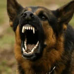 Cachorro pastor-alemão mostrando os dentes em ataque, com expressão agressiva e olhar fixo, simbolizando medo, alerta e o significado de sonhar com cachorro atacando.