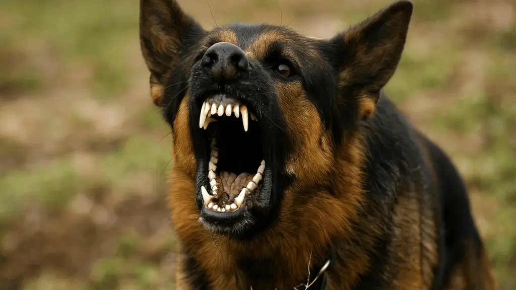 Cachorro pastor-alemão mostrando os dentes em ataque, com expressão agressiva e olhar fixo, simbolizando medo, alerta e o significado de sonhar com cachorro atacando.